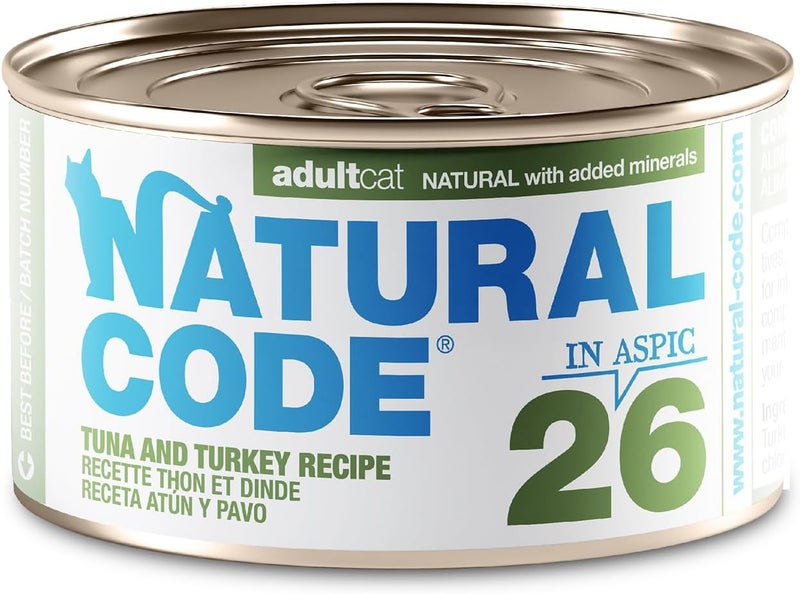NATURAL CODE - Wet Cat Food, Limited Ingredient Cat Food, High-Protein, Non-GMO, No Artificial Additives, Made in Italy, Tuna & Turkey in Aspic for Adult Cats (3 oz, 24 Pack) - Image 1